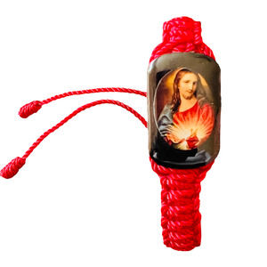 Sacred Heart of Jesus Reversible Bracelet Red Knotted Rope Wood Pendant